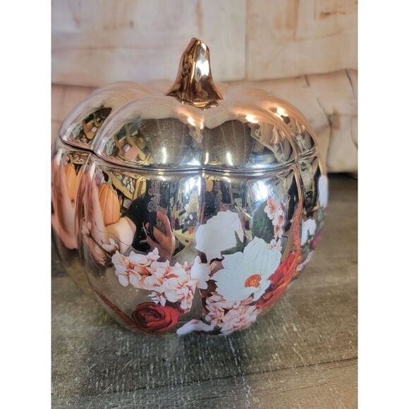 Ceramic shiny floral print pumpkin candy dish Halloween decor - Picture 2 of 7